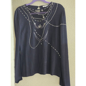 Women's St. John Black & Silver Beaded Crew Neck Sweater Size L